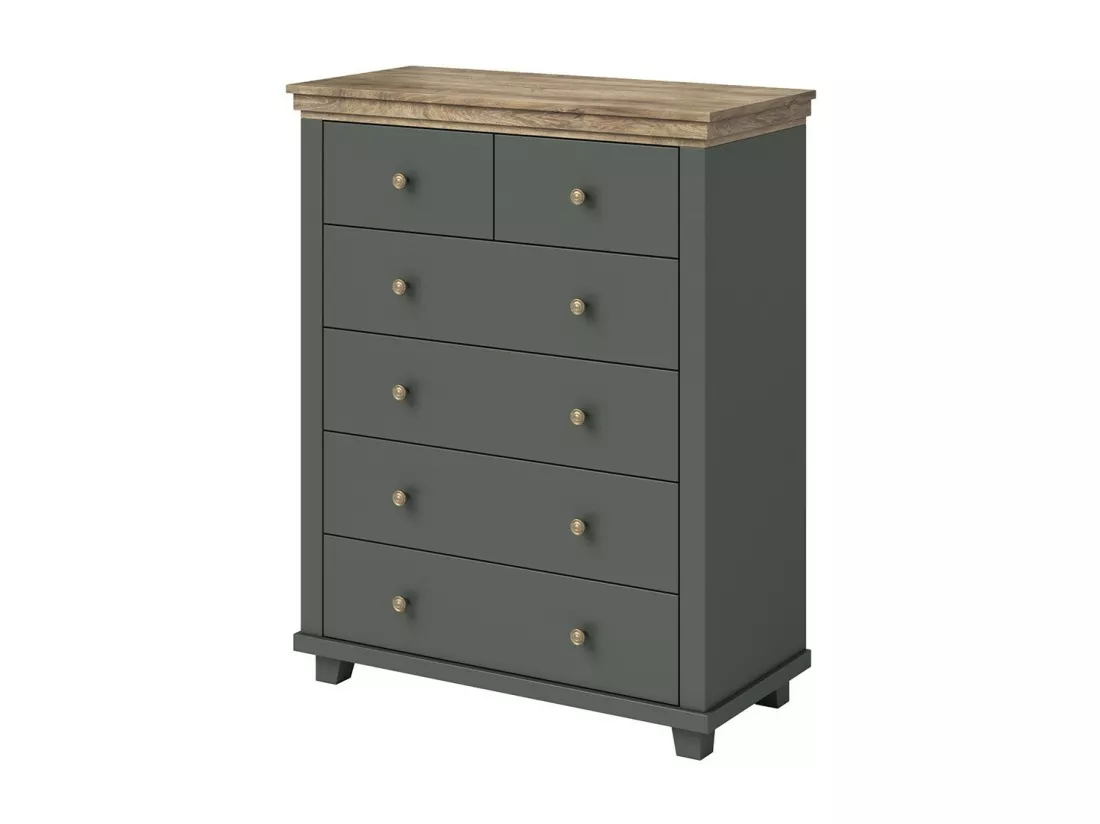 Chambre à coucher ASSIA : Armoire 200cm, Lit 160x200, commode, chevets. Coloris vert kaki et chêne.
