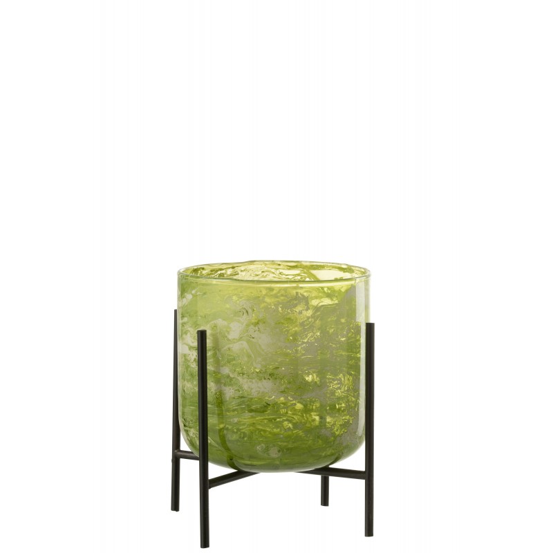 Photophore sur pied acier en verre vert 14x14x19 cm