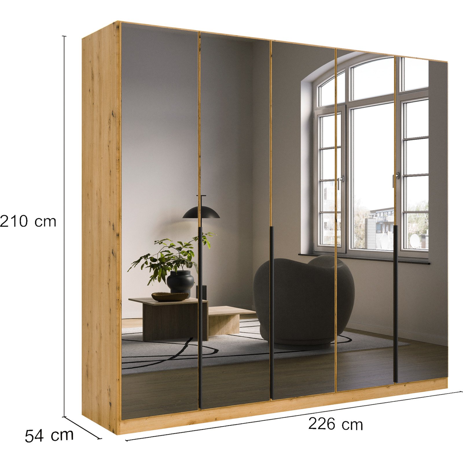 Drehtürenschrank Skyla, 226 x 210 x 54 cm, mit Spiegelfront artisan