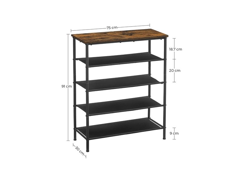 VASAGLE Schuhgestell 30 x 91 cm, Braun/Schwarz Schuhregal mit 4 Ablagen aus Polyestergewebe