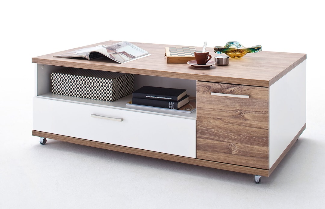 Couchtisch 115 x 70 cm NB weiß /Hochglanz weiß mit Sterling Oak