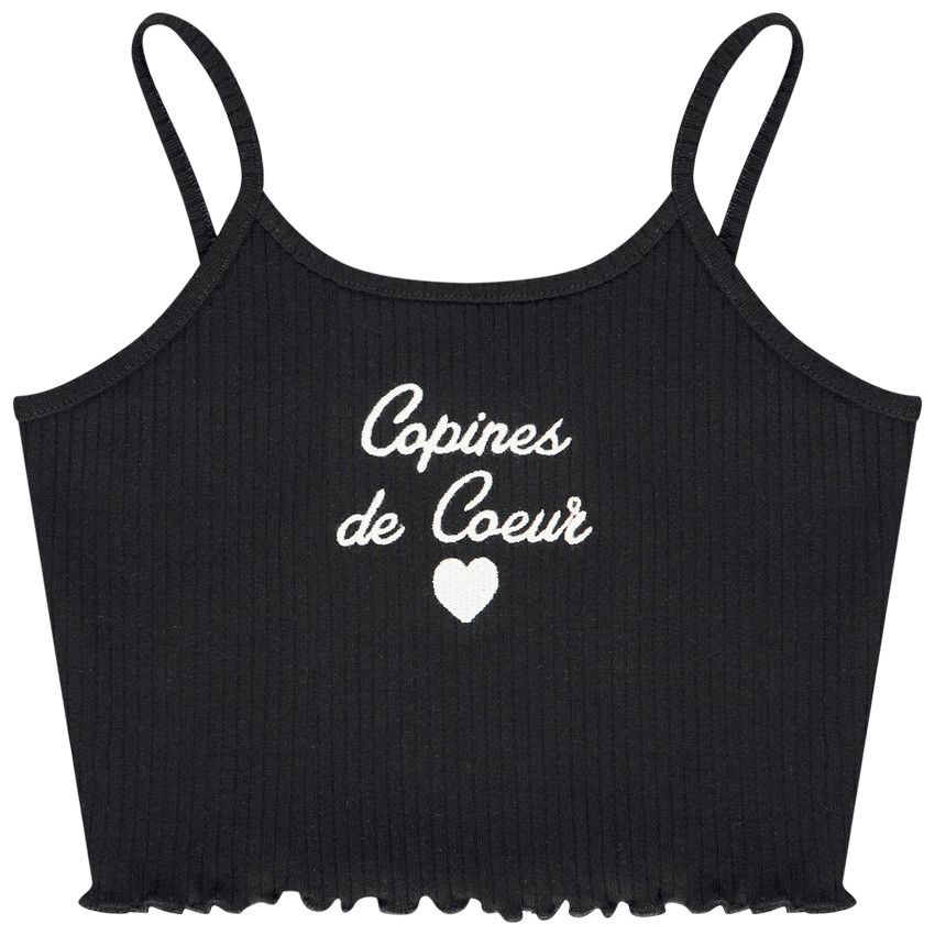 Débardeur court en maille côte avec broderie pour fille - Noir