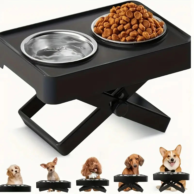 (430x295mm) Höhenverstellbare Haustier Futterstation Hunde Fress Napf   Wasser Schale - Schwarz / Silber