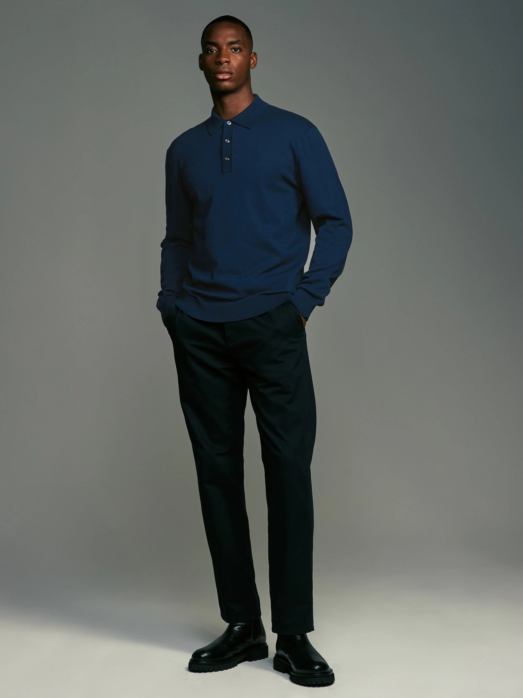 Zwart/marineblauw - Gebreide poloshirts met lange mouwen 2 -pack