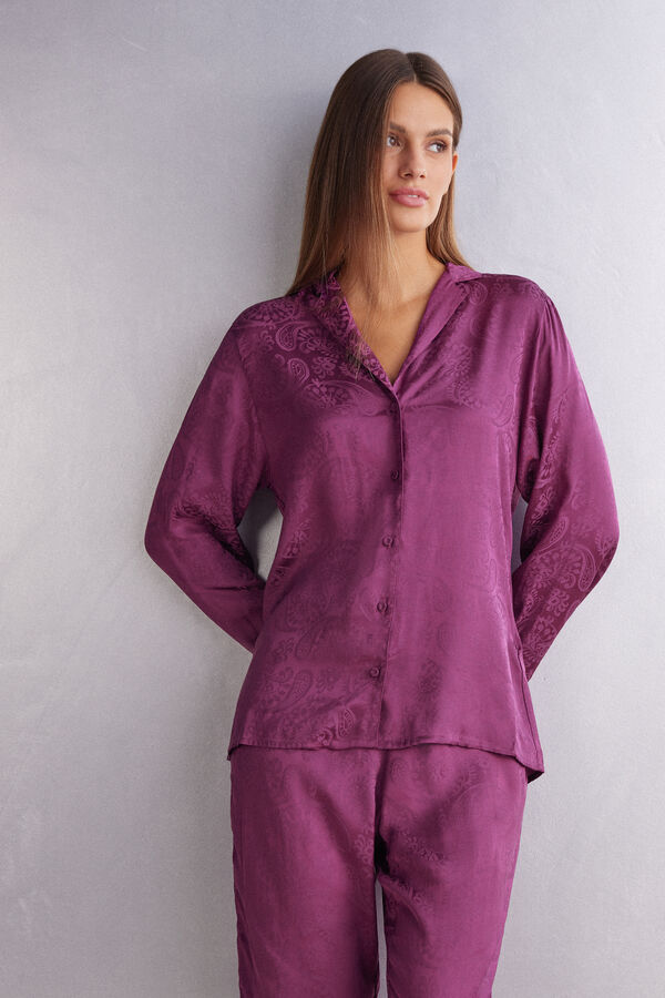 Camiseta de manga comprida em veludo jacquard acetinado com estampa paisley