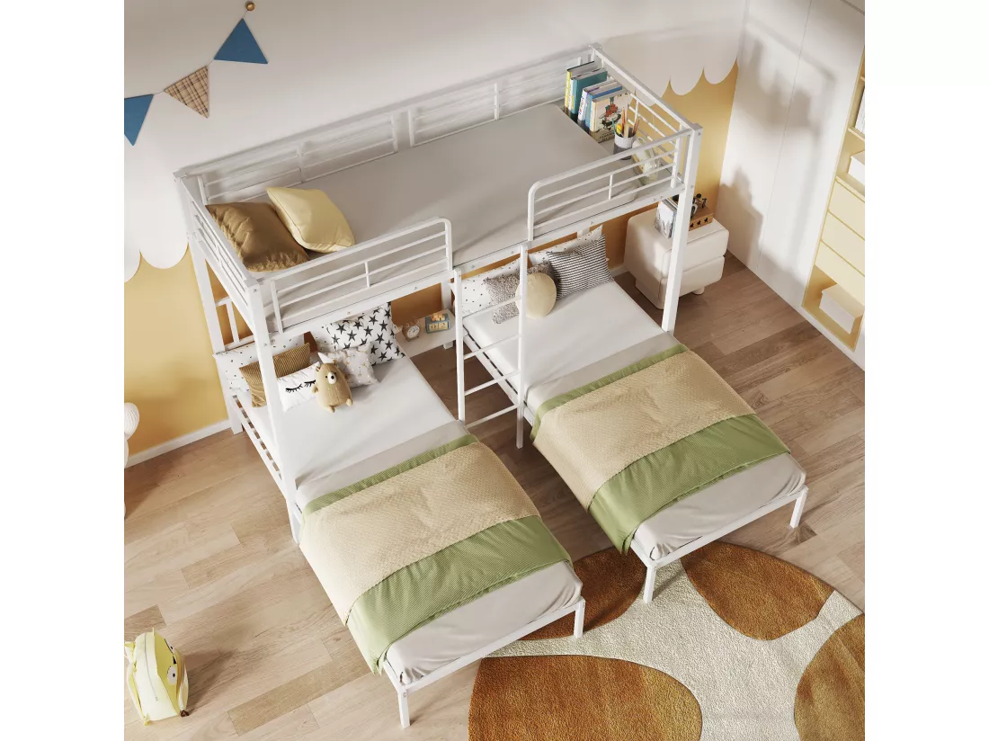 Lit superposé triple 3x90x200cm avec échelle et un plateau - cadre en métal - Blanc