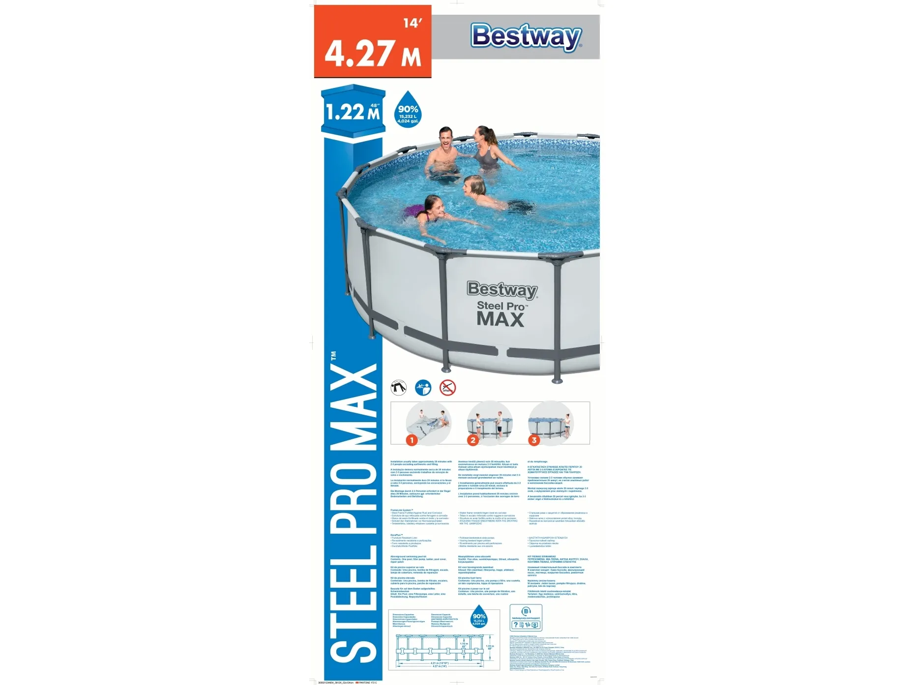 Bestway 5612X, 15232 L, Indrammet pool, Voksen & barn, Stige, Grå, Hvid, 54 kg, Diameter 427 cm, Højde 122 cm
