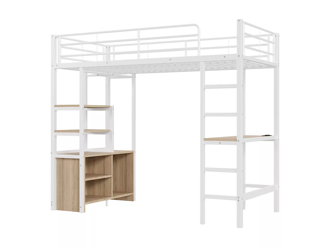 Lit mezzanine 90 x 200 cm avec bureau, prises USB, placard de rangement ouvert - Métal + MDF - Blanc (sans matelas)