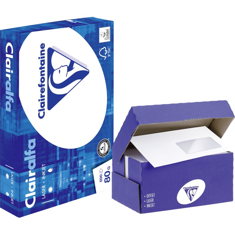 Pack 10 ramettes papier A4 80 g + 2 boîtes 250 enveloppes avec fenêtre 110 x 220 mm Clairalfa Clairefontaine