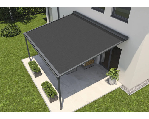 SOLUNA Pergola met stoffen dak 4x4, doekdesign 8446, frame RAL 7016 antracietgrijs, aandrijving rechts inclusief motor, wandschakelaar (wandmontage)
