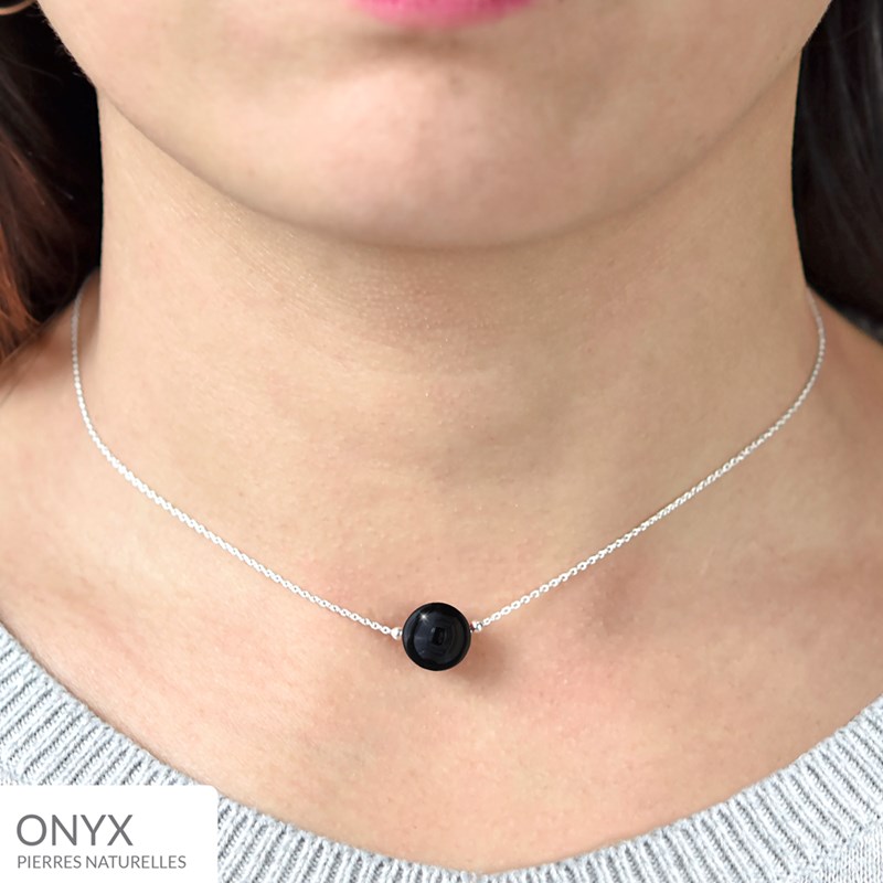 Collier ras du cou en argent 925 rhodié avec pierre naturelle 10mm - Onyx