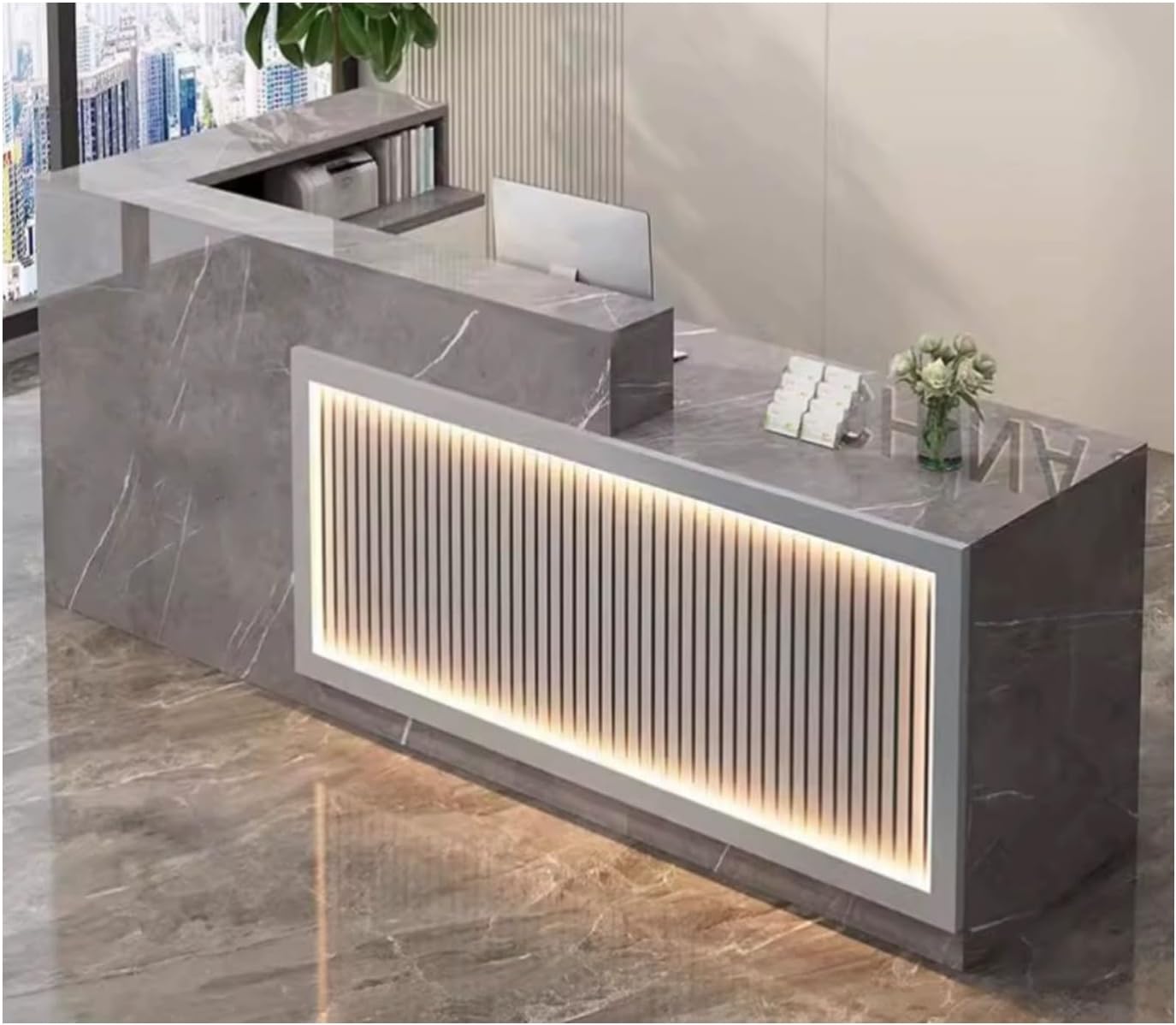 L-Förmiger Rezeptionstheke ，Große Empfangstheke,Empfangstheke Rezeption ，Empfangstisch Einfach， Supermarkt Convenience Store Beauty Salon，Mit LED-Licht(A12,L59in)