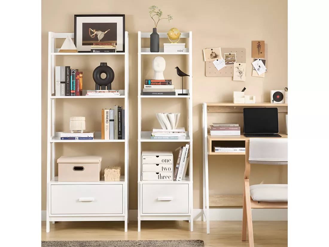 Bibliothèque Étagère style échelle de 4 niveaux et 1 tiroir –Blanc, FRG116-K-W