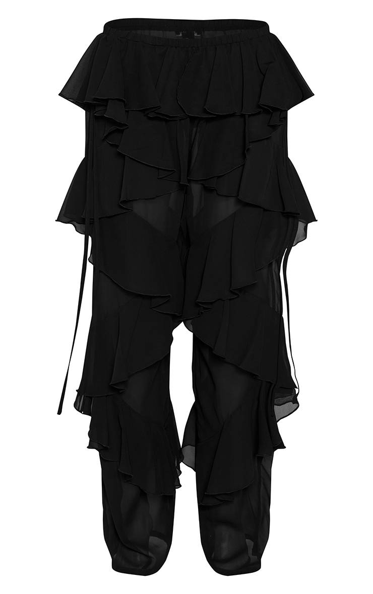 Noir Pantalon Large En Mousseline À Volants