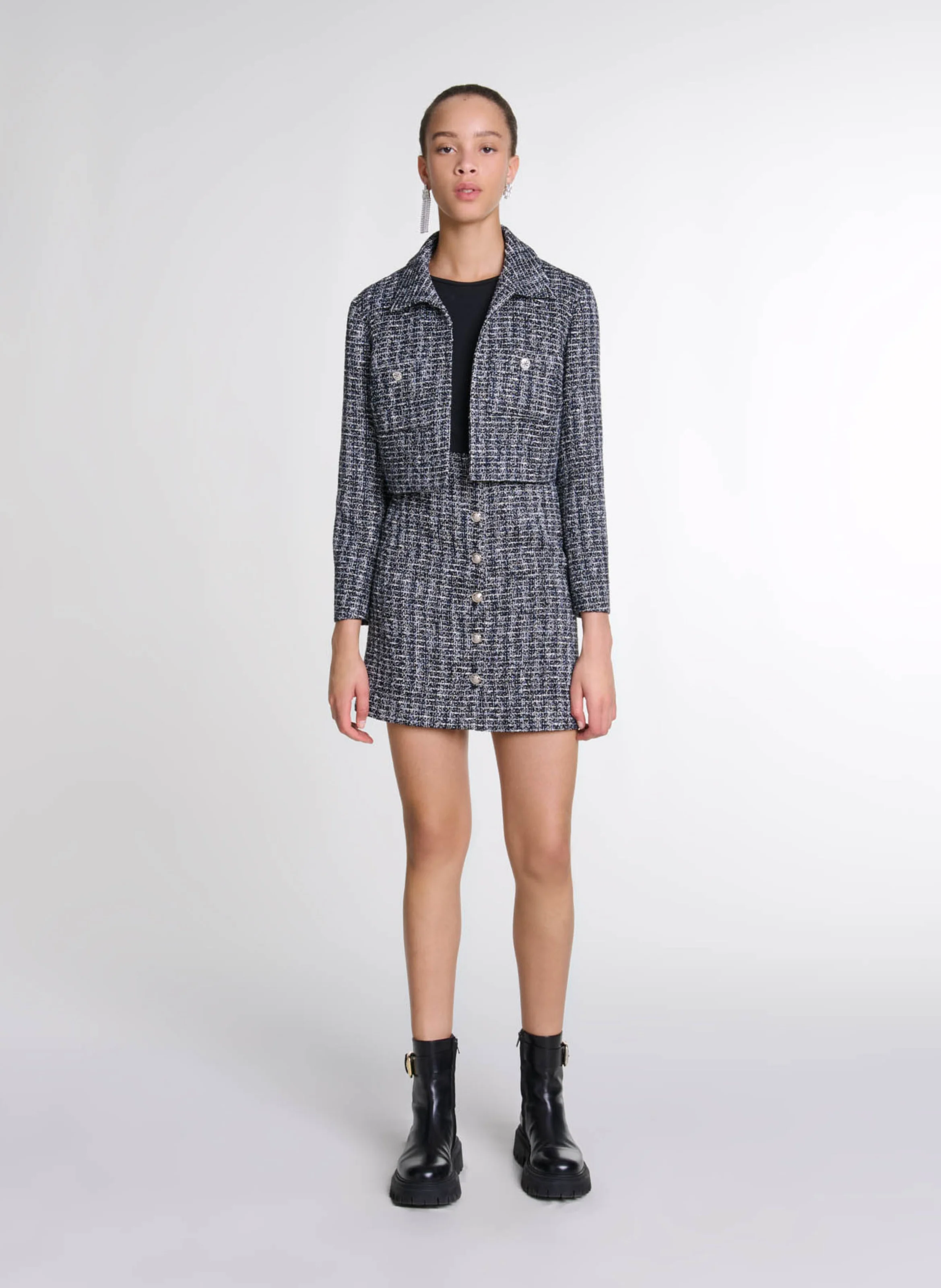 Robe courte deux-en-un effet tweed | Noir