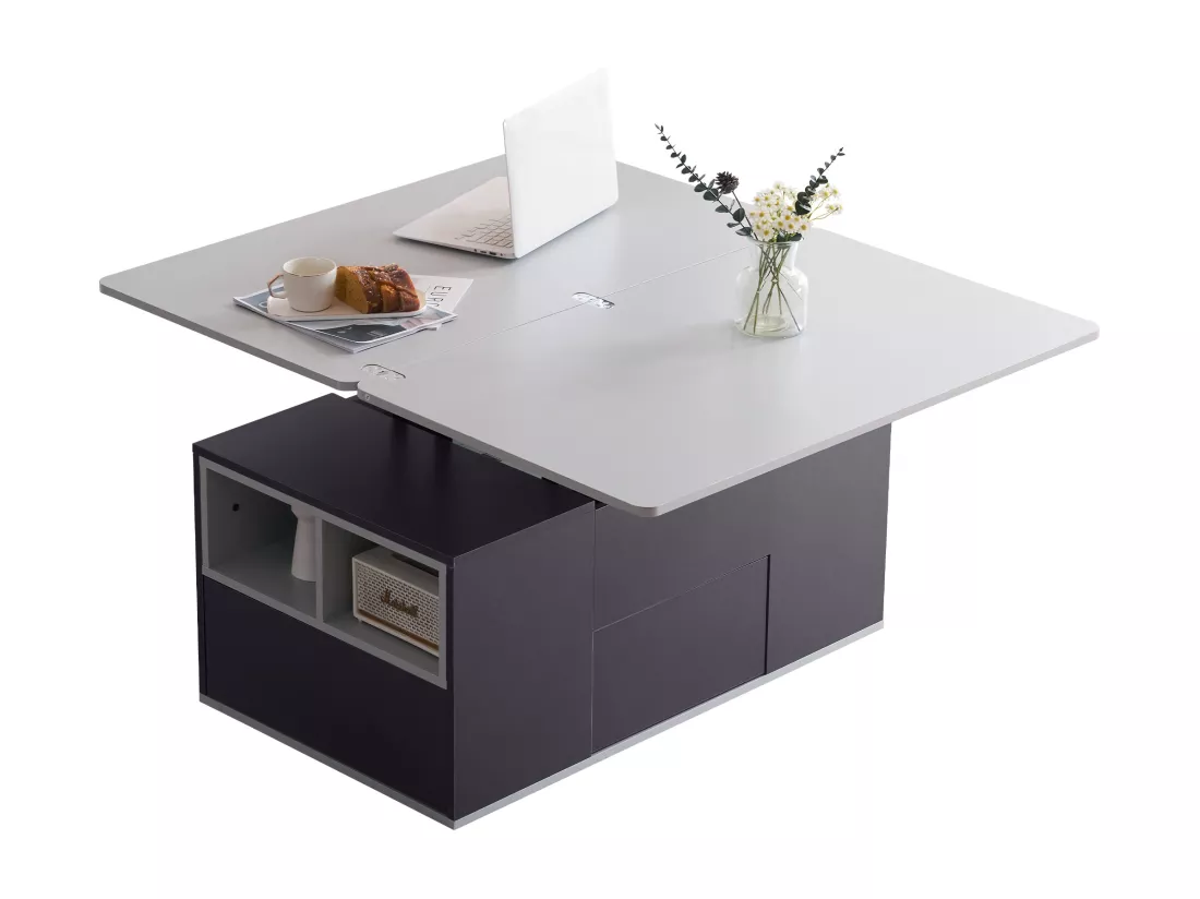 Table basse - plateau relevable - 2 niches & 3 tiroirs - bois panneaux de particules - gris