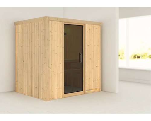 Karibu Bodina modulaire sauna zonder oven en dakrand, met grafietkleurige volledig glazen deur
