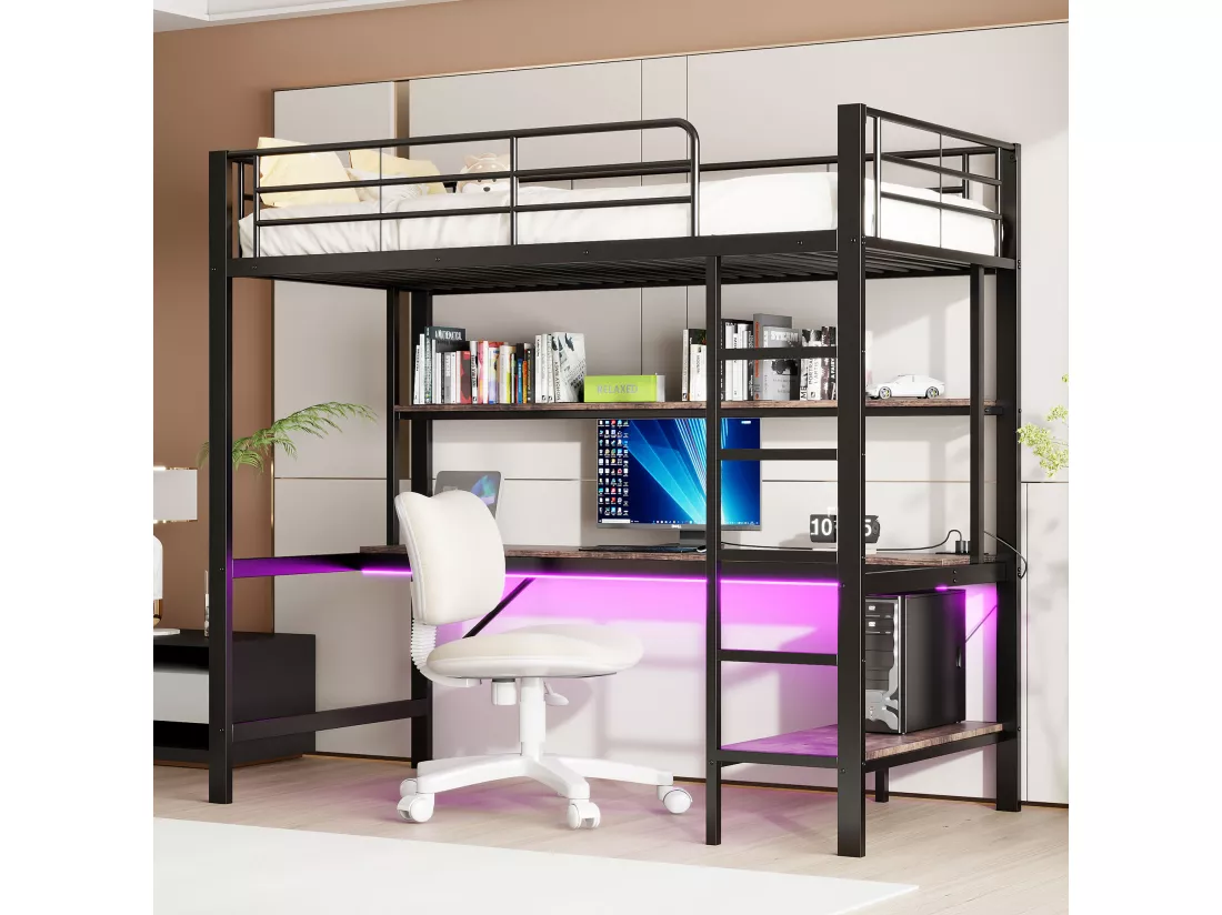 Lit mezzanine garde-corps et escabeau - 90 x 200 cm - avec USB et secteur - LED et bureau - sans matelas - métal - noir