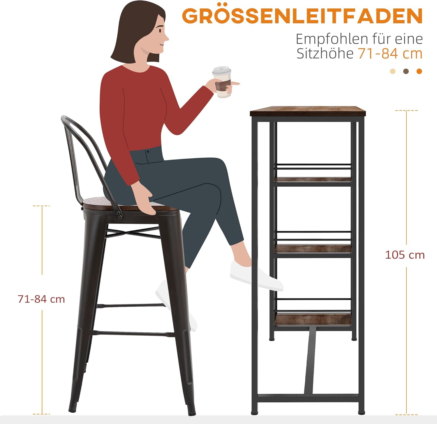 HOMCOM Bartisch Stehtisch Tresentisch mit 3 Ablageflächen Bartheke Küchentisch mit Holzoptik, Stahlgestell, für Esszimmer, Küche, Braun, 120 x 40 x 105 cm