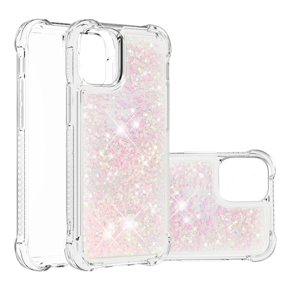 iPhone 13 Hardcase Hülle mit Air Cushion Fallschutz Liquid Case Glitzer Sterne - Rosa / Transparent
