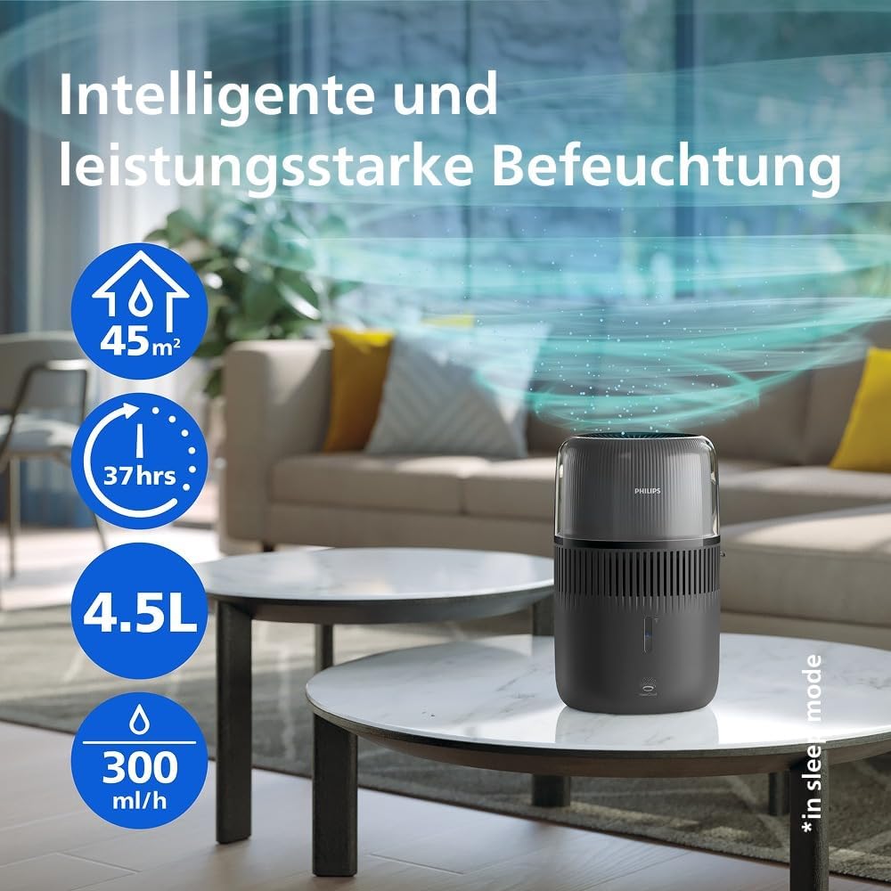 Philips 5000 Series Smart Verdunstungsbefeuchter für 45m², 12dB Ultra-leise, Schlafmodus, 99% weniger Bakterien mit NanoCloud, 300 ml/h, 4,5L Tank, Feuchtigkeitssensor, Timer, Schwarz (HU5600/03)