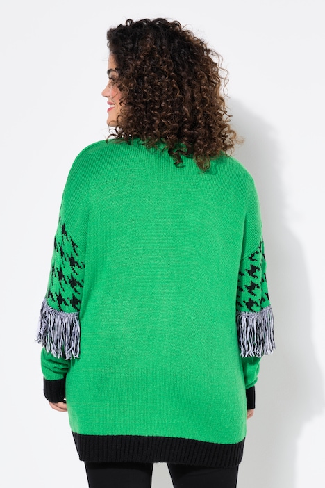 Strickjacke, oversized, Hahnentritt, Fransen, Langarm