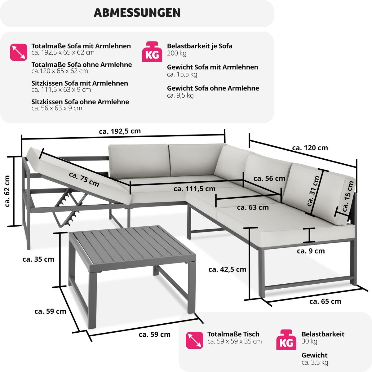 tectake Faro zitgroep van aluminium met vloerbeschermende kunststofvoeten
