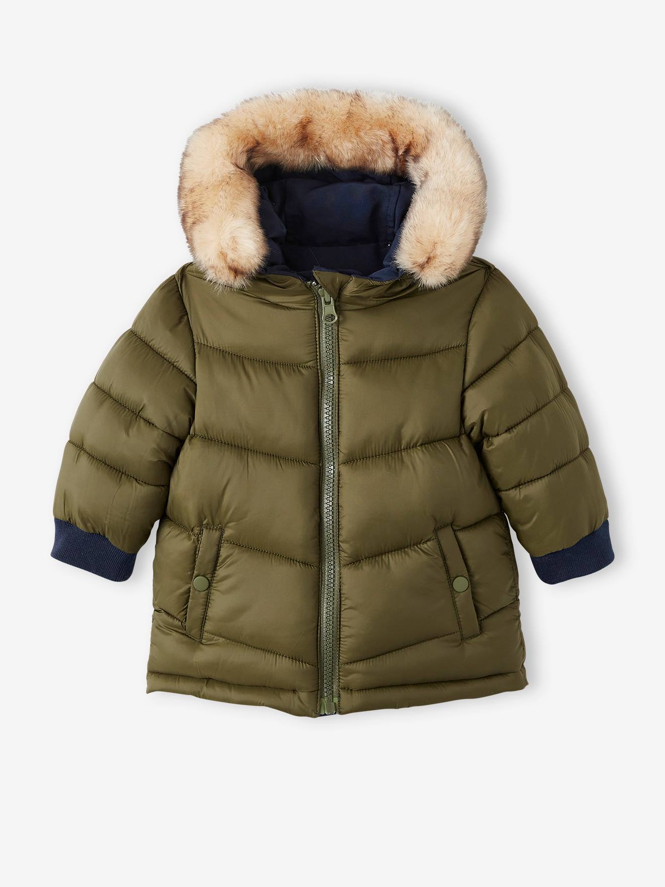 Casaco parka reversível para bebê com capuz, azul escuro liso com estampas.