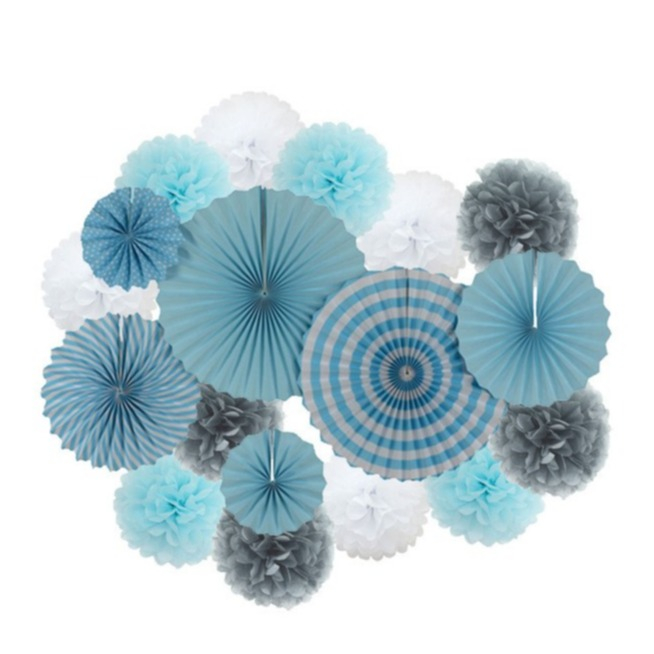 (6-tlg. Set) Papier Fächer Deko Rosetten Party / Geburtstag / Hochzeit - Blau / Grau