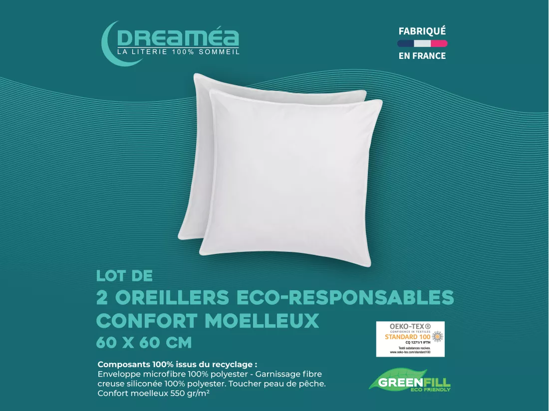 Lot de 2 oreillers recyclés 60 x 60 cm de DREAMEA - Enveloppe 100% microfibre - ROSA