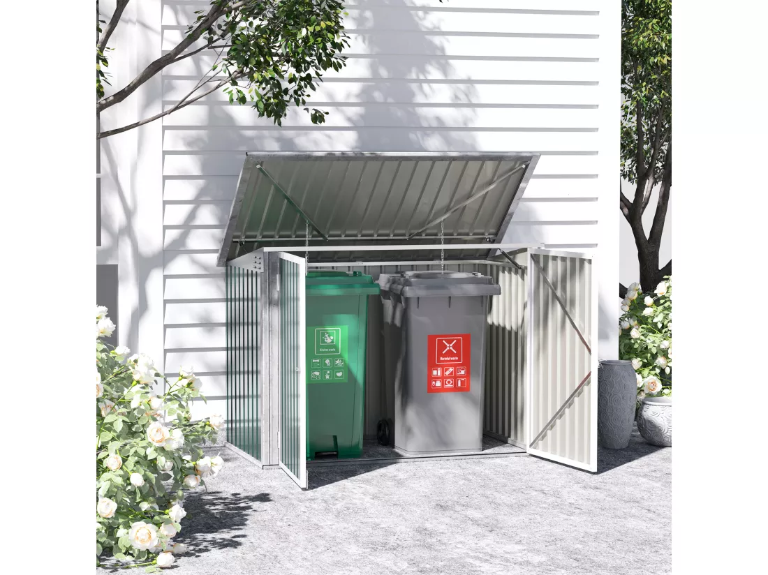 Abri de poubelle jardin - cache poubelle - 2 portes verrouillables, toit ouvrant - tôle d'acier blanc vert