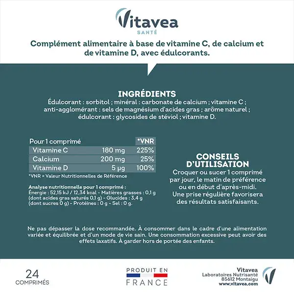 Vitavea Vitamina C + Cálcio + Vitamina D 24 comprimidos mastigáveis