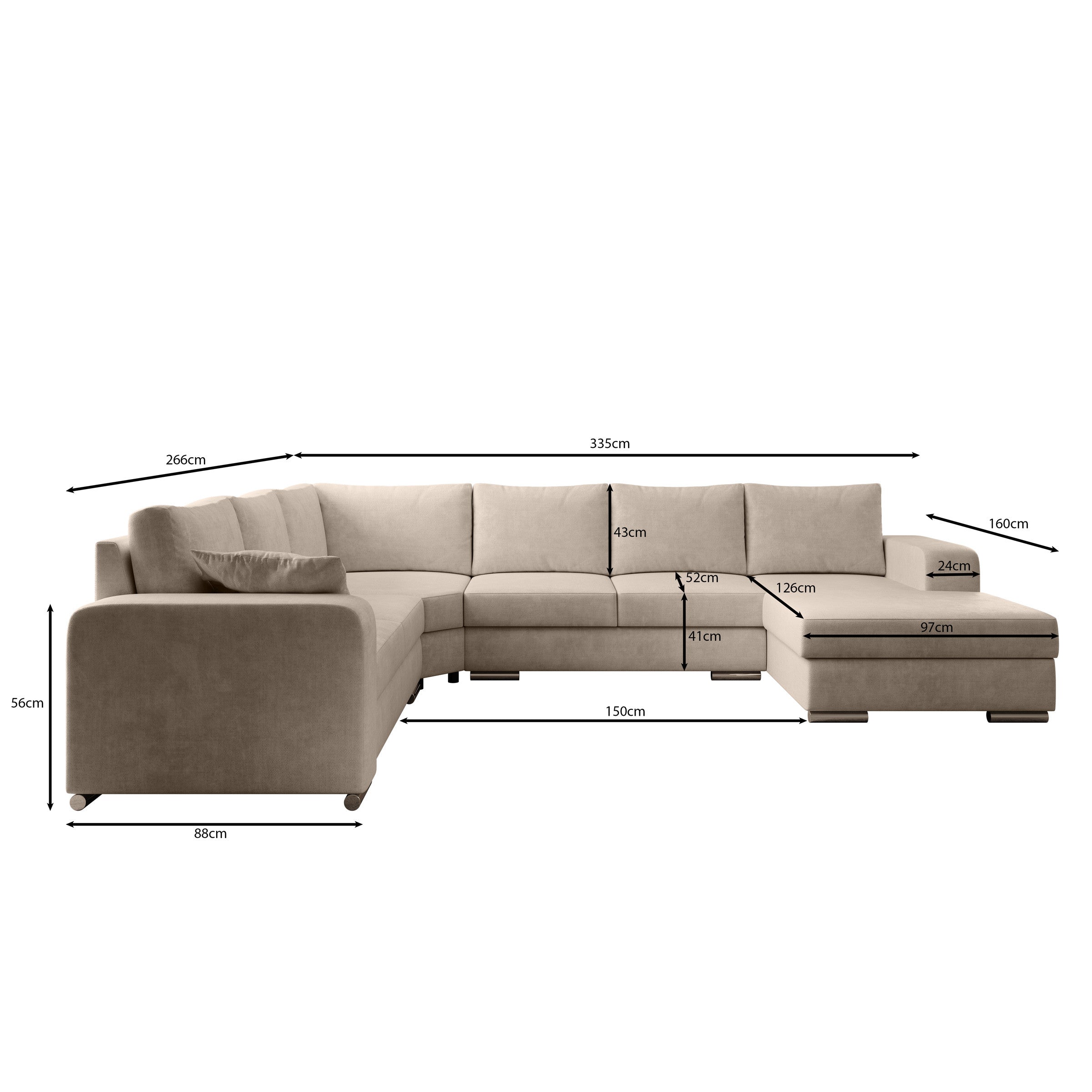 Adel - Hoekbank 5-zits met chaise longue - Velvet zwart - Rechts