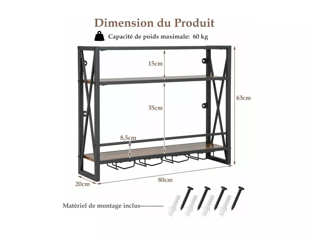 Casier à bouteilles mural industriel, étagère de rangement à 3 niveaux, 20 x 80 x 63 cm