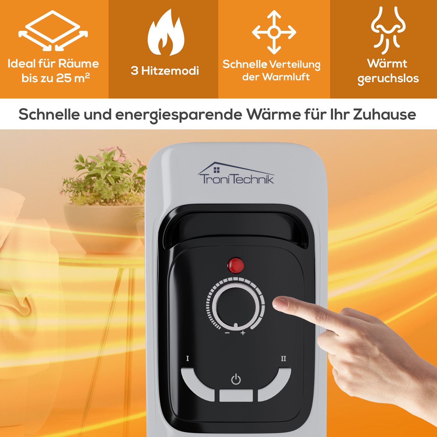 TroniTechnik® Ölradiator Elektroheizung TT-OR 207 in weiß mit 7 Rippen und 1500 Watt, drei Heizstufen (600W, 900W, 1500W)