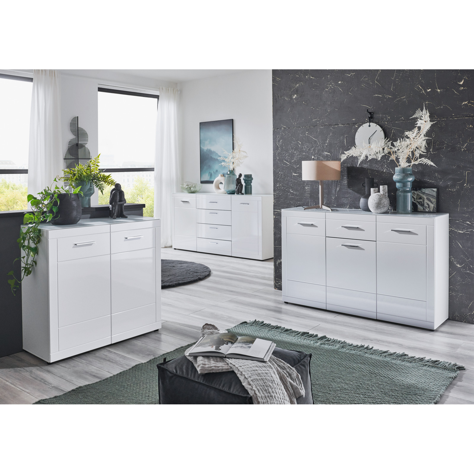 Kommode Atlantis MDF Hochglanz weiss mit Milchglasabdeckung 146 x 92 x 40 cm