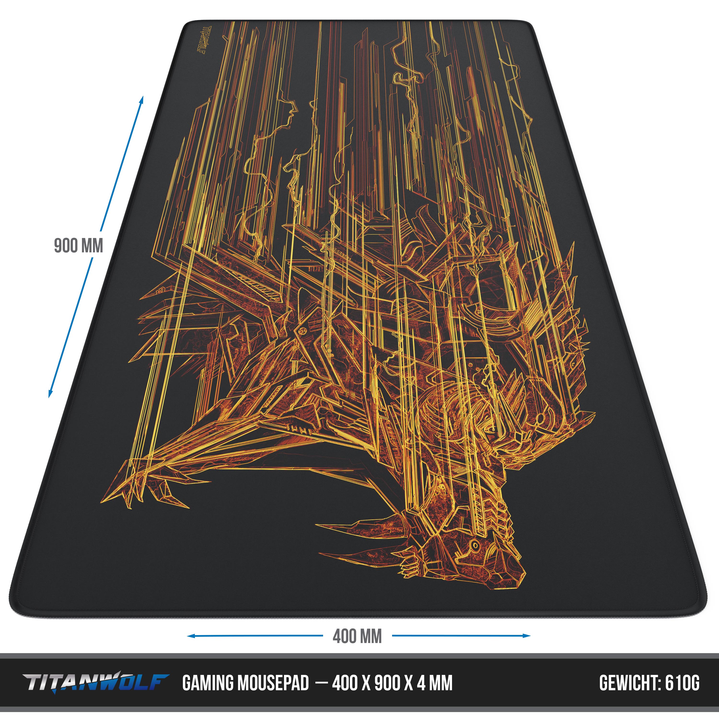 Titanwolf Gaming Mauspad XXL, glattes Stoffgewebe, Speed Mousepad 900 x 400mm große Fläche, Wolfsmotiv orange
