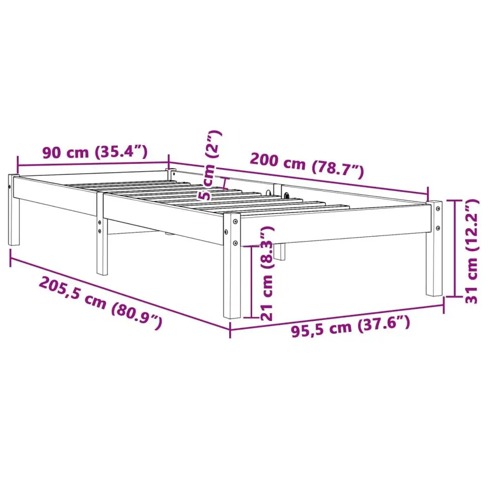 vidaXL - Bed frame zonder matras - Wasbruin - Massief grenenhout - 90x200 cm