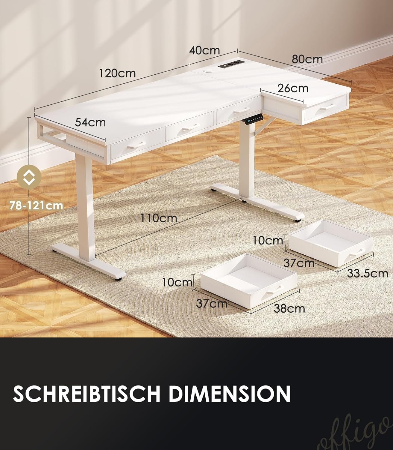 OffiGo Eckschreibtisch Höhenverstellbar, 160x80 cm Schreibtisch höhenverstellbar mit 4 Schublade, Elektrischer Tisch L Form mit Steckdose für Büro und Arbeitszimmer, Groß Ecktisch Weiß