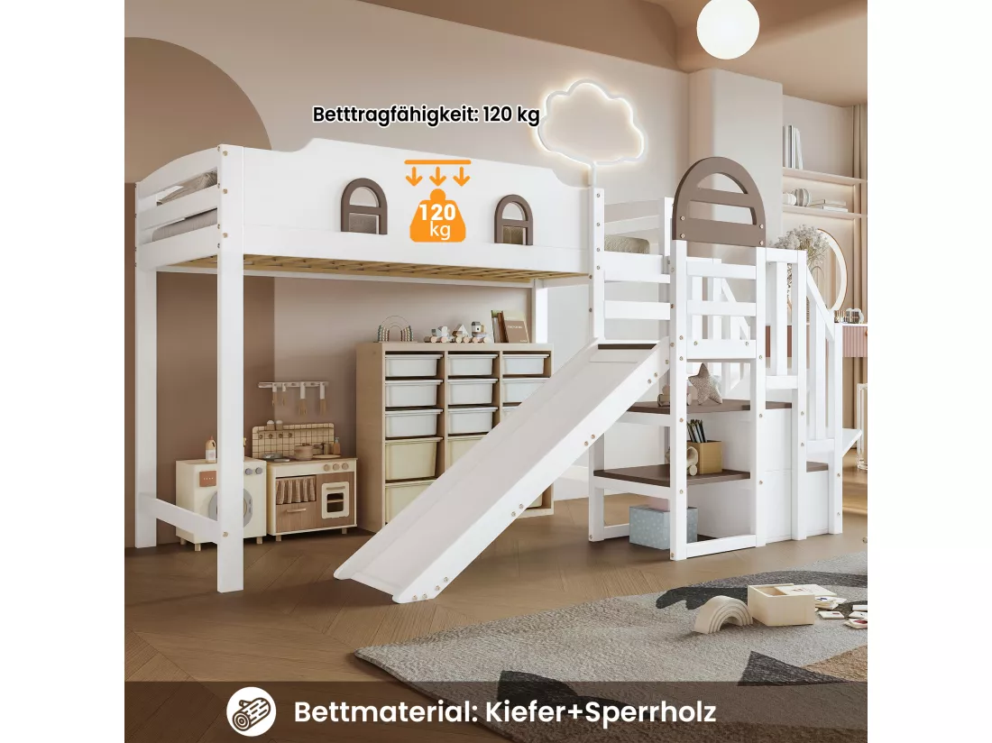 Lit mezzanine pour enfant - 90 x 200 cm - avec toboggan et fenêtre - 2 rangements dans l'escalier - pin+MDF - blanc+marron