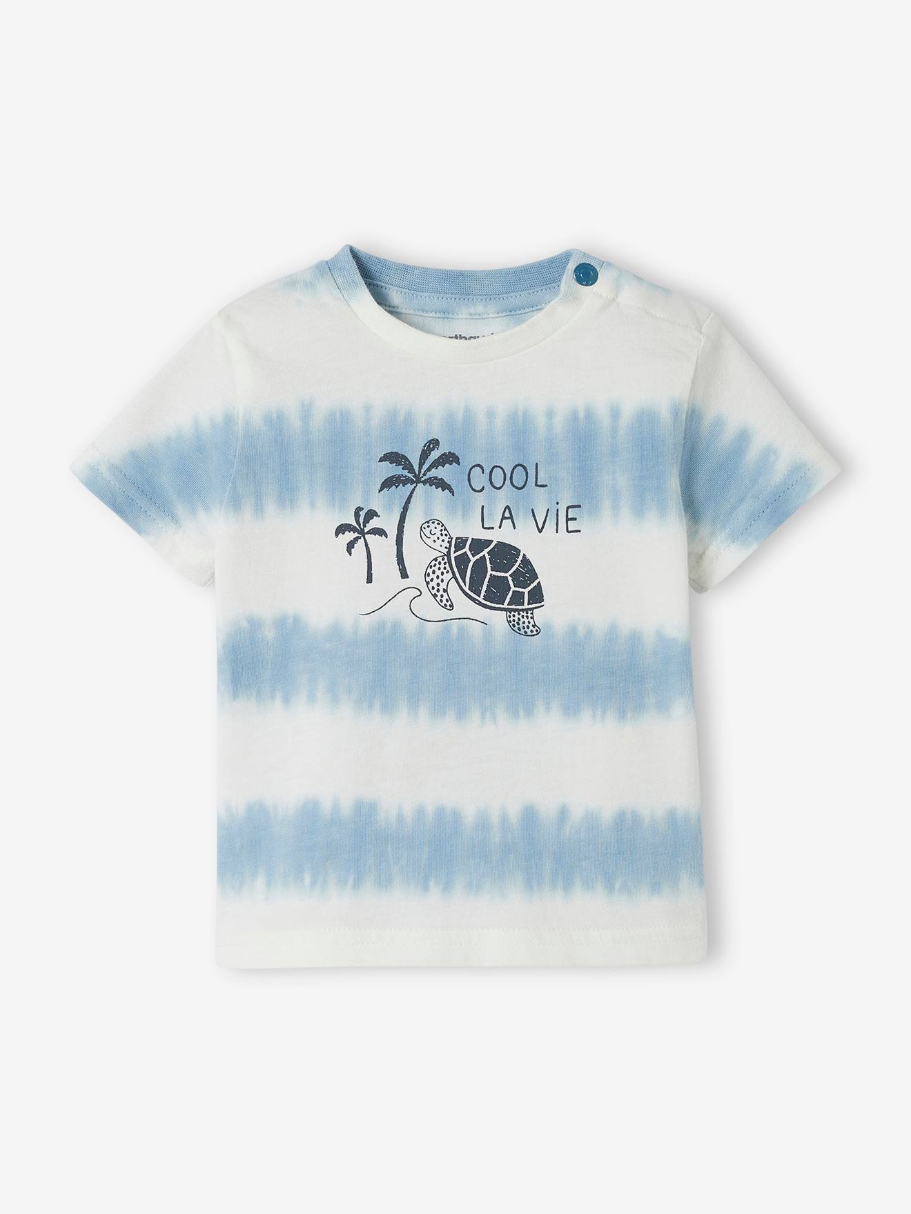 Camiseta tie-dye azul claro com estampa de tartaruga bebê