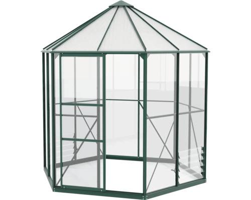 Kas Vitavia Hera 4500, enkel veiligheidsglas/3/6 mm dubbelwandige polycarbonaat panelen met fundering, 212 x 253 cm, smaragdgroen