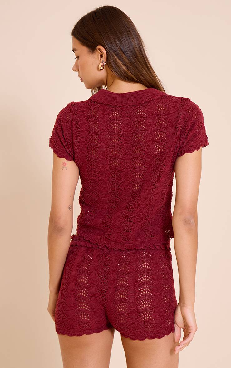 Rouge Bordeaux Haut Col Polo En Crochet