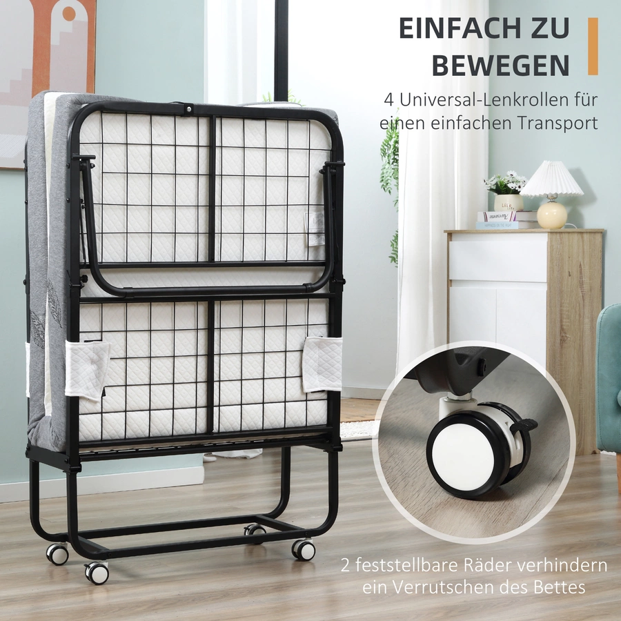 HOMCOM Klappbett mit Reißverschluss, 4 Universalrädern schwarz, weiß