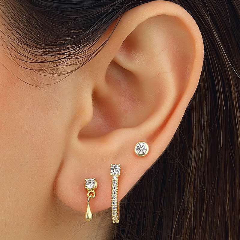 Set de boucles d'oreilles - Argent 925/000 plaqué or & zircons