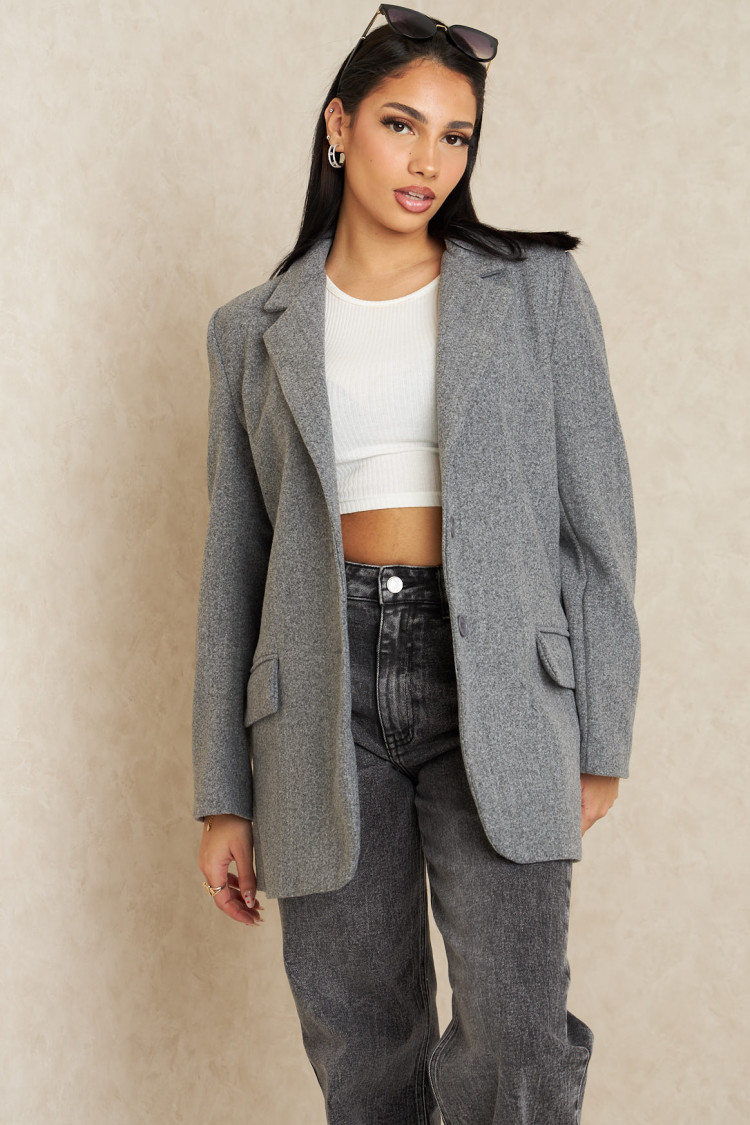 Veste blazer grise mi-longue chinée
