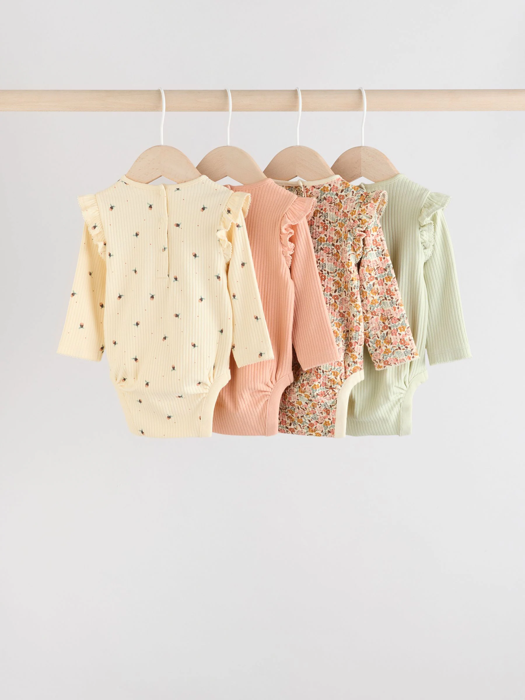 Blauw/crème/koraal Ditsy - Verpakking van 4 babyrompers met lange mouwen en ruches (0mnd-2jr)