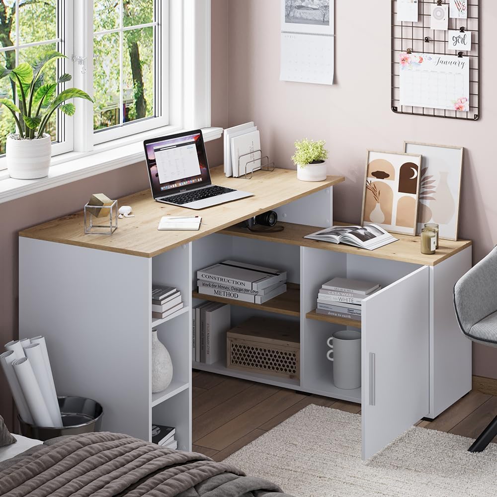 Vicco Eckschreibtisch Rudy, Weiß/Artisan, 135 x 110 cm mit Regalen