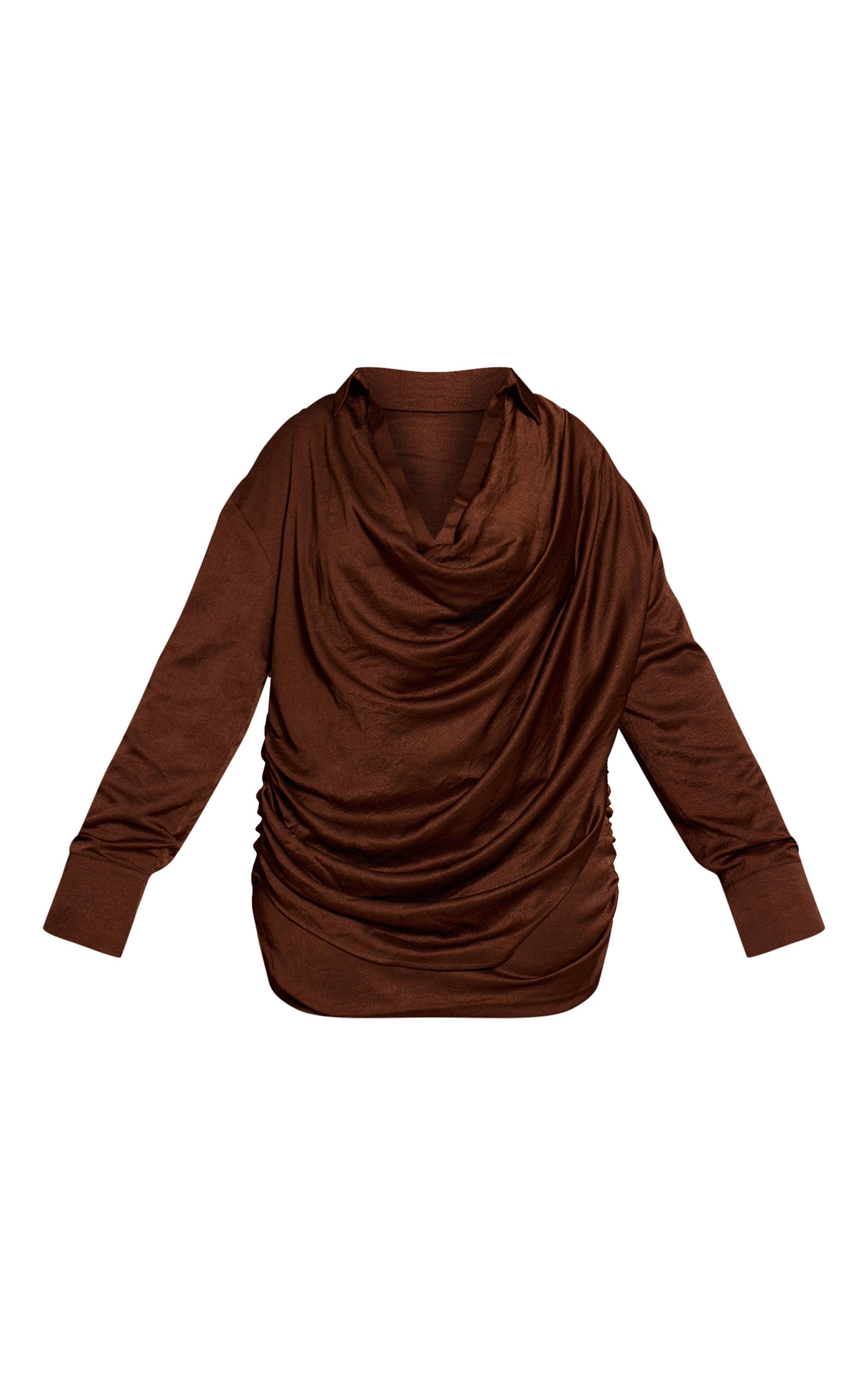 Marron Chemise Grande Taille Satinée Texturée À Décolleté Plongeant