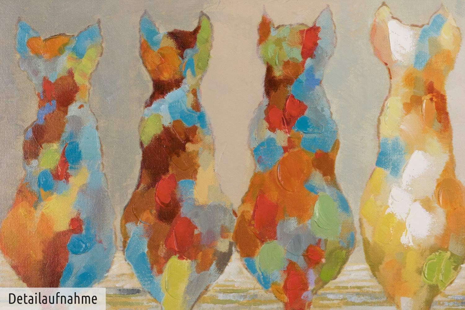 KunstLoft Leinwandbild | 100% HANDGEMALT | 120x60cm | Gemälde 'Wartende Grazien' | Katze | Bunt | Wandbild Wohnzimmer